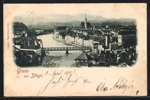 AK Steyr, Ortsansicht mit Flusspartie und Brücke