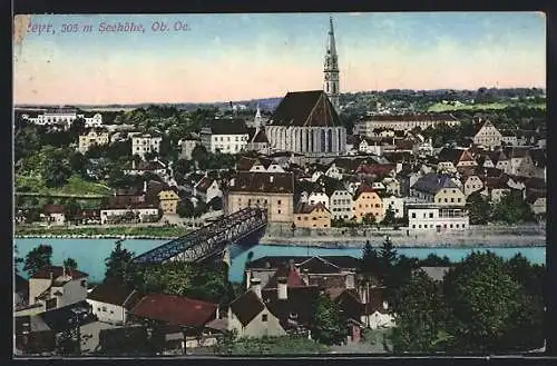 AK Steyr /Ob.-Ö., Stadtansicht mit Flusspartie und Brücke