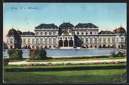 AK Wien, K. k. Belvedere mit Wasserbecken und blühenden Blumen