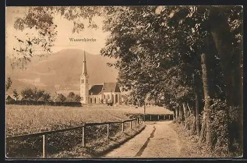 AK Leoben, Teilansicht mit Feldweg und Waasenkirche