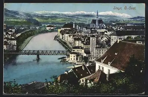 AK Steyr /O.-Öst., Teilansicht mit Flusspartie und Brücke