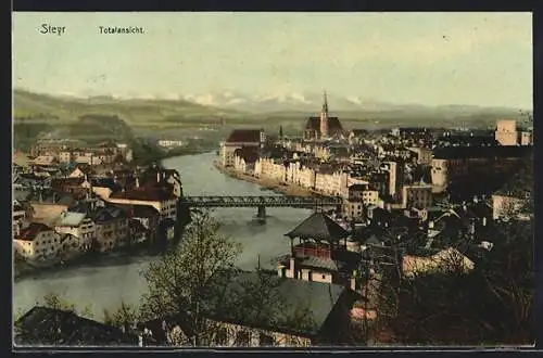 AK Steyr, Stadtansicht mit Gebirgshintergrund
