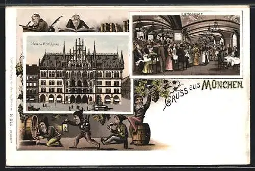 Lithographie München, Neues Rathaus mit Ratskeller