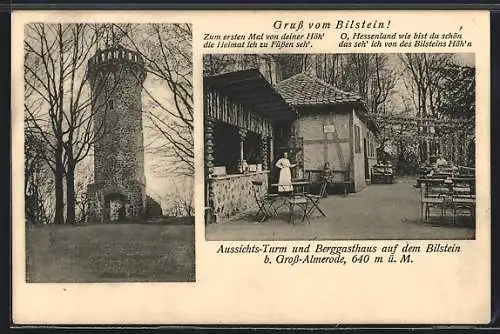 AK Gross-Almerode, Gasthaus auf dem Bilstein, Gartenansicht mit Wirtin, Aussichtsturm