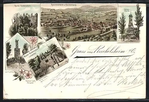 Lithographie Reichelsheim i. O., Ruine Rodenstein, Kaiserturm, Aussichtsturm auf der Tromm