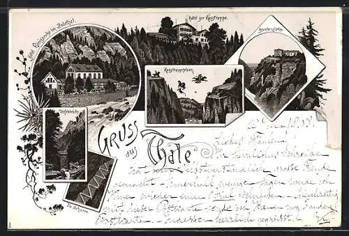 Lithographie Thale, das Hotel zur Rosstrappe, der Rosstrappfelsen, Blick zum Hexentanzplatzdie Teufelsbrücke