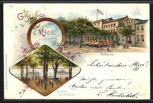 Lithographie Kiel, Gastwirtschaft Bellevue, Gäste, Ausblick von Bellevue, Dampfer