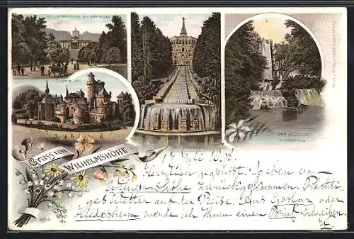 Lithographie Kassel, Aquaduct-Wasserfall, Cascaden, Wilhelmshöhe, Löwenburg