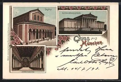 Lithographie München, Basilika mit Innenansicht, Kunstausstellungsgebäude