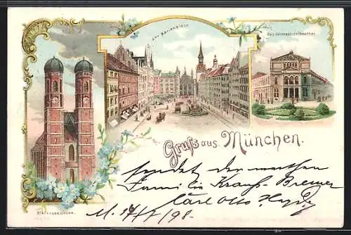 Lithographie München, Strassenpartie am Marienplatz, Frauenkirche, Gärtneplatztheater