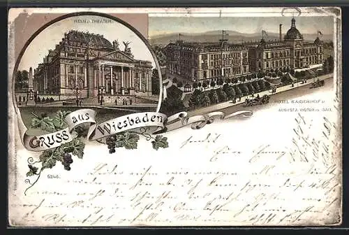Lithographie Wiesbaden, Hotel Kaiserhof u. Augusta Victoria Bad, Neues Theater