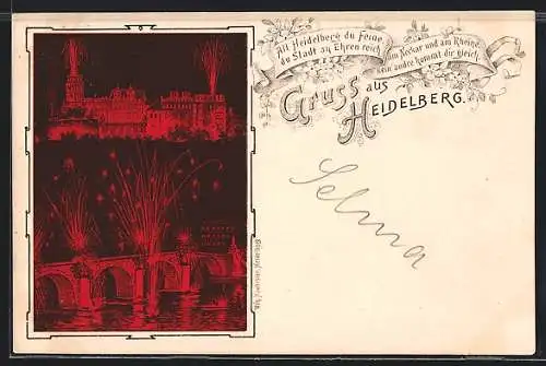 Lithographie Heidelberg / Neckar, Feuerwerksspektakel am Rhein