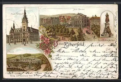 Lithographie Elberfeld, Gasthaus Haardt, Stadt-Theater & Neues Rathaus