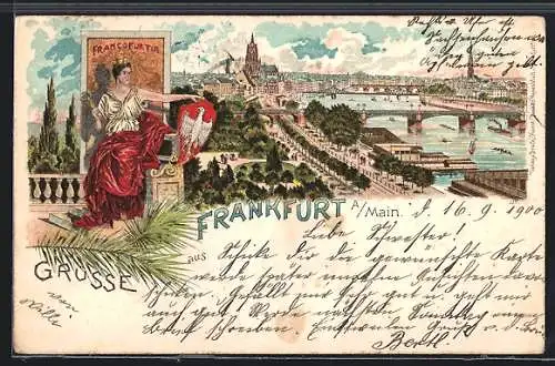 Lithographie Frankfurt /Main, Panoramablick auf die Stadt, Francofurtia
