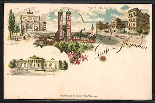 Lithographie München, Akademie der bildenden Künste, Frauenkirche, Glyptothek