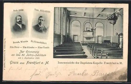 AK Frankfurt a. M., Innenansicht der Baptisten-Kapelle, Portrait der Baptisten Weerts und Neuschäfer