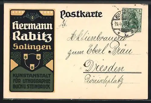 AK Solingen, Kunstanstalt für Litographie, Buch u. Steindruck von Hermann Rabitz