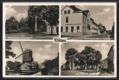 AK Dülken, Mariensäule mit Lunapark, Viersenstrasse mit Sparkasse, Narrenmühle, Cap Horn mit Kaiser Wilhelm Denkmal