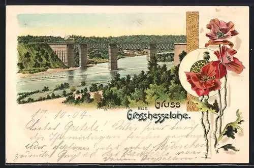 Lithographie Grosshesselohe, Ortspartie mit Brücke