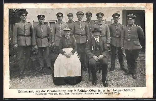 AK Hohenschäftlarn, Beurlaubung der 9 Brüder Oberrieder am 15.08.1917, beurlaubt von Kaiser Wilhelm II.