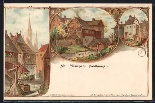 Lithographie München-Haidhausen, Alte Häuser im Stadtteil, Brunnen