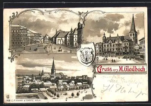 Lithographie M.-Gladbach, Marktplatz aus der Vogelschau, Kirche, Totalansicht aus der Vogelschau, Wappen