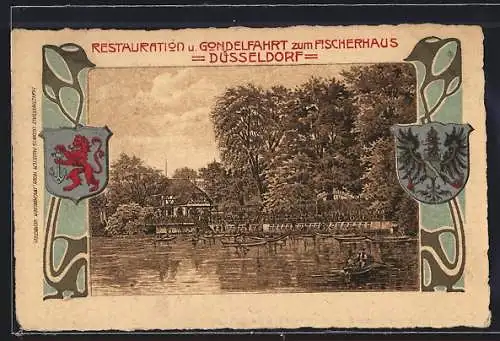 Lithographie Düsseldorf, Restaurant und Gondelfahrt zum Fischerhaus
