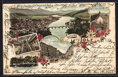 Lithographie Bad Tölz, Marktplatz, Calvarienberg, Leonhardi Kapelle