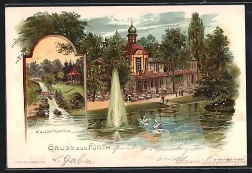 Lithographie Fürth i. B., Stadtpark mit Café und Wasserfall