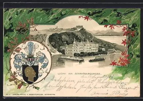 Lithographie Leoni a. Starnbergersee, Ortsansicht aus der Vogelschau, Wappen