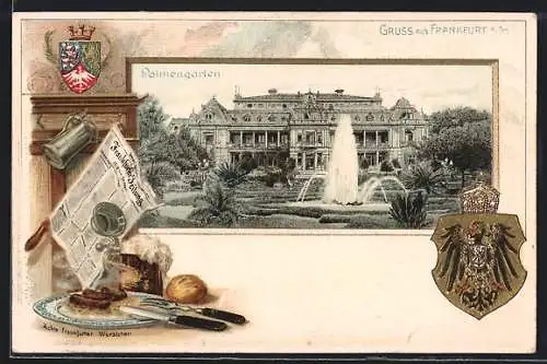 Passepartout-Lithographie Frankfurt-Westend, Palmengarten, Wappen, Frankfurter Würstchen und Zeitung