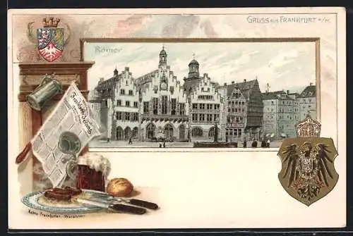 Passepartout-Lithographie Alt-Frankfurt, Römer, Wappen, Frankfurter Würstchen und Zeitung
