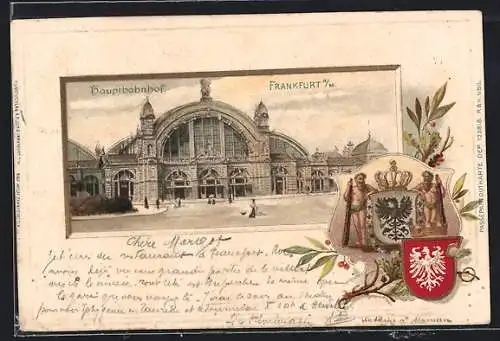 Passepartout-Lithographie Frankfurt a. M., Hauptbahnhof, Wappen flankiert von Wilden Männern