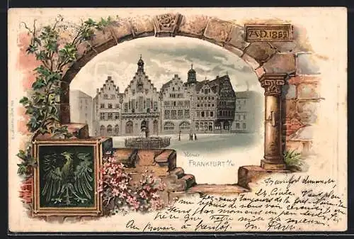 Passepartout-Lithographie Alt-Frankfurt, Brunnen auf dem Römer & Wappen