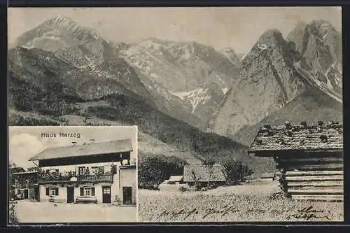 AK Garmisch, Haus Herzog, Griesgartenstrasse 20a, Alpen-Panorama