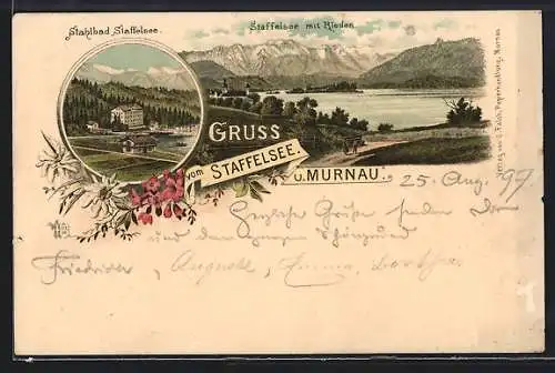 Lithographie Murnau am Staffelsee, Stahlbad Staffelsee, Staffelsee mit Rieden