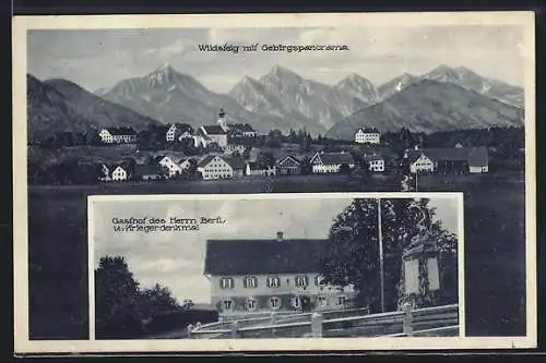 AK Wildsteig, Gasthof des Herrn Bertl und Kriegerdenkmal, Panorama