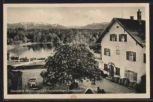 AK Seehausen a. Staffelsee, Gasthaus und Cafe Fischerstüberl mit Wettersteingebirge