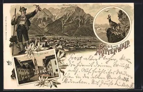 Lithographie Mittenwald, Oberer Markt, Ortsansicht mit Karwendelgebirge, Gemse