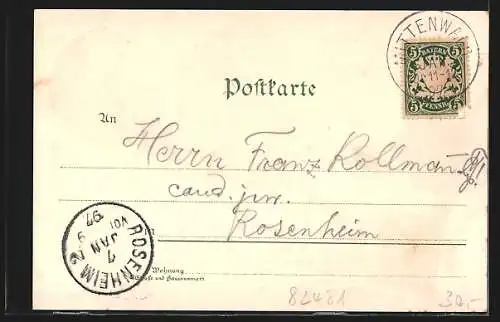 Lithographie Mittenwald, Oberer Markt, Ortsansicht mit Karwendelgebirge, Gemse