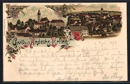 Lithographie Andechs-Erling, Ortsansicht mit Kloster