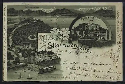 Mondschein-Lithographie Leoni /Starnbergersee, Bergbahn zum Hotel Rottmannshöhe, Dampfer am Anleger