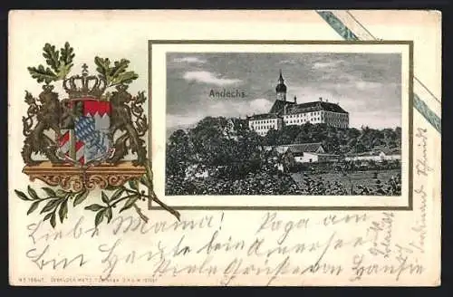 Passepartout-Lithographie Andechs, Blick zum Kloster, Wappen
