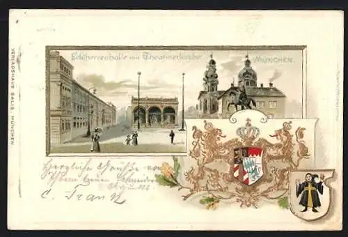 Passepartout-Lithographie München, Feldherrenballe mit Theatinerkirche und Wappen