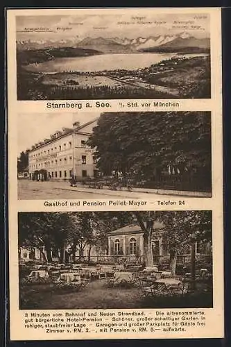 AK Starnberg, Gesamtansicht mit See und Umland, Gasthof und Pension Pellet-Mayer mit Terrasse