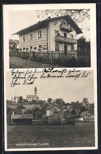 AK Hohenschäftlarn, Haus mit Balkonen, Teilansicht mit Kirche