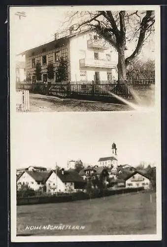 AK Hohenschäftlarn, Haus mit Balkonen und Berankung, Teilansicht mit Kirche