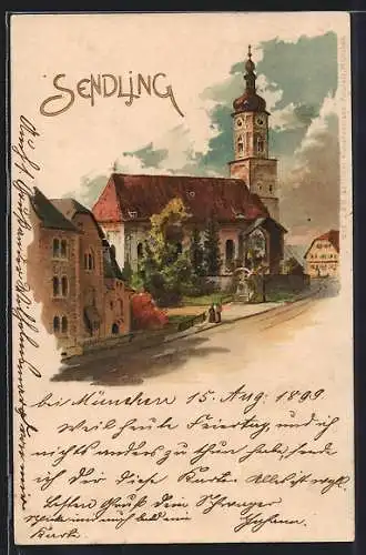 Lithographie München-Sendling, Strassenpartie bei der Kirche
