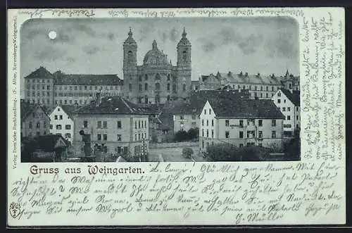 Mondschein-AK Weingarten / Württ., Teilansicht mit Strassenpartie