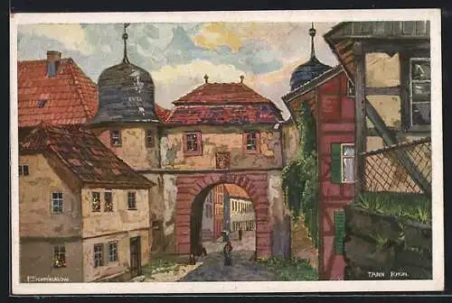 Künstler-AK Tann /Rhön, Strassenpartie am Tor